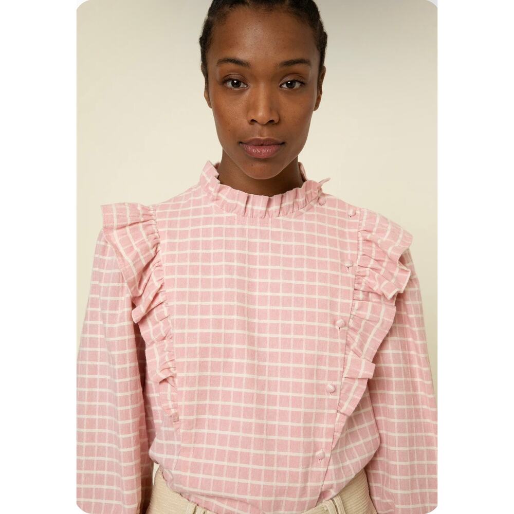 NWT FRNCH Paris “Janet” Pink Checkered Ruffle Prairie Blouse Size S French Chic